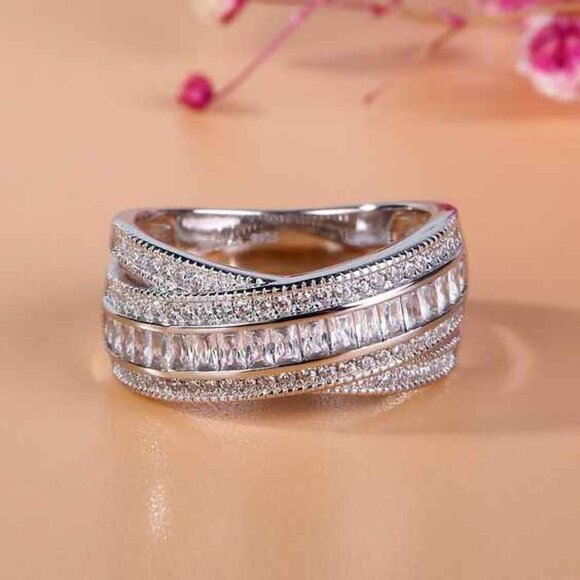 A Fine Cross Stacked Ring Of CZ Bling Silver Ring for Women, HA4653 - Picture 2 of 3